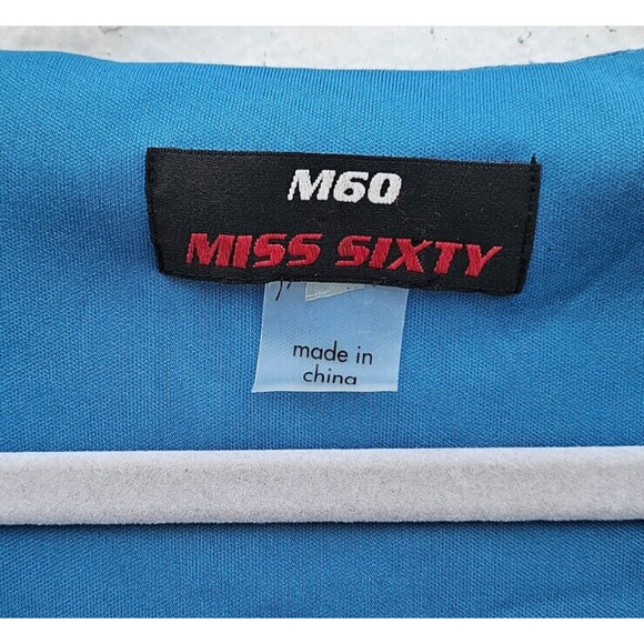 Miss Sixty M60 Dress Medium Blue Ruched Pleated V Neck Bodycon Short Sleeve Mini - Picture 3 of 11